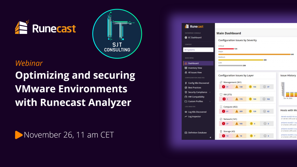 Ankuendigung des Webinars ‘Optimizing and securing VMware Environments with Runecast Analyzer’ am 26. November um 11 Uhr, mit den Logos von Runecast und SJT CONSULTING und einem Bildschirmfoto des Runecast-Dashboards