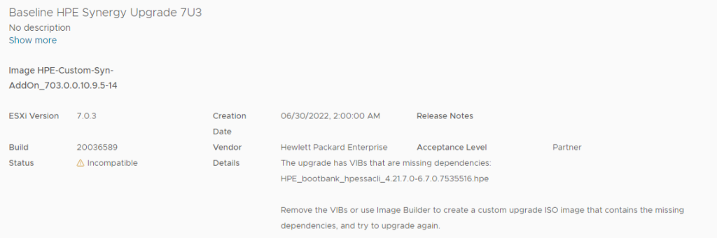 Upgrade-Baseline ‘HPE Synergy Upgrade 7U3’ in vSphere mit Status Incompatible und dem Hinweis auf VIBs mit fehlenden Abhaengigkeiten